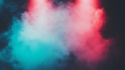 Two spotlights cast red and blue light through thick smoke, creating a mysterious and atmospheric scene.