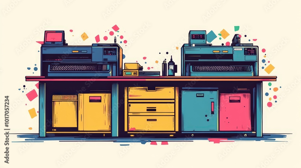 Poster retro printers graphic poster in minimalistic design with playful colors and simple composition