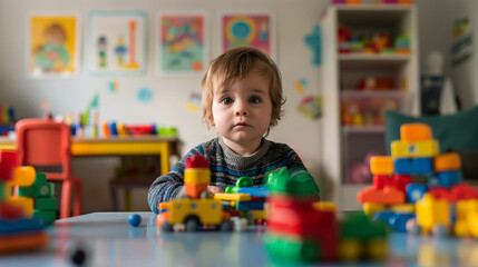 Emotional portrait unhappy kid in front of variety toys, loneliness sad child boy, copy space