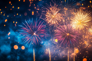 Fototapeta premium Fireworks in the sky. New Year's celebration. Festive background. Holiday fireworks.