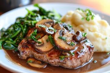 Gourmet Veal Marsala Dish with Mushrooms, Mashed Potatoes, and Sautéed Spinach