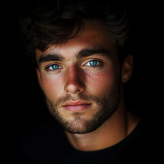 Obraz premium A portrait of a young man he is looking directly at the camera, his expression calm yet engaging, the focus on capturing natural facial expressions, black background