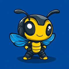 A vector illustration of a cute wasp, a logo-style character with a bold black outline, set against a blue background, suitable for a t-shirt design