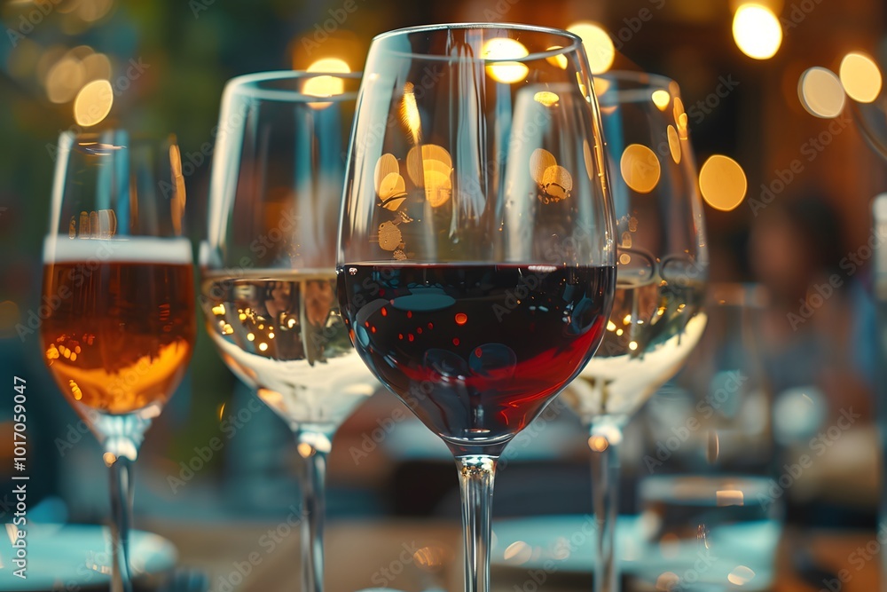 Poster a captivating display of wine glasses with bokeh lights in the background
