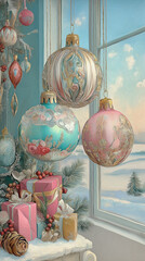 Vintage christmas decorations on the table by the table.