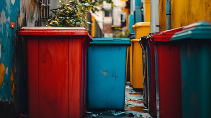 Naklejka premium Colorful Trash Bins in Urban Alley