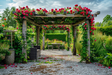 Fototapeta premium A garden with a pergola covered in red roses
