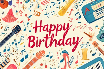 Musical-Themed Happy Birthday Card Featuring Instruments and Notes in Vibrant Colors