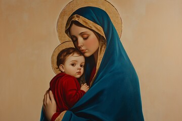 Mother and Child Embrace, Portrayed with Tender Love, Spiritual Art Depiction, Symbolizing Maternal Bond Concept