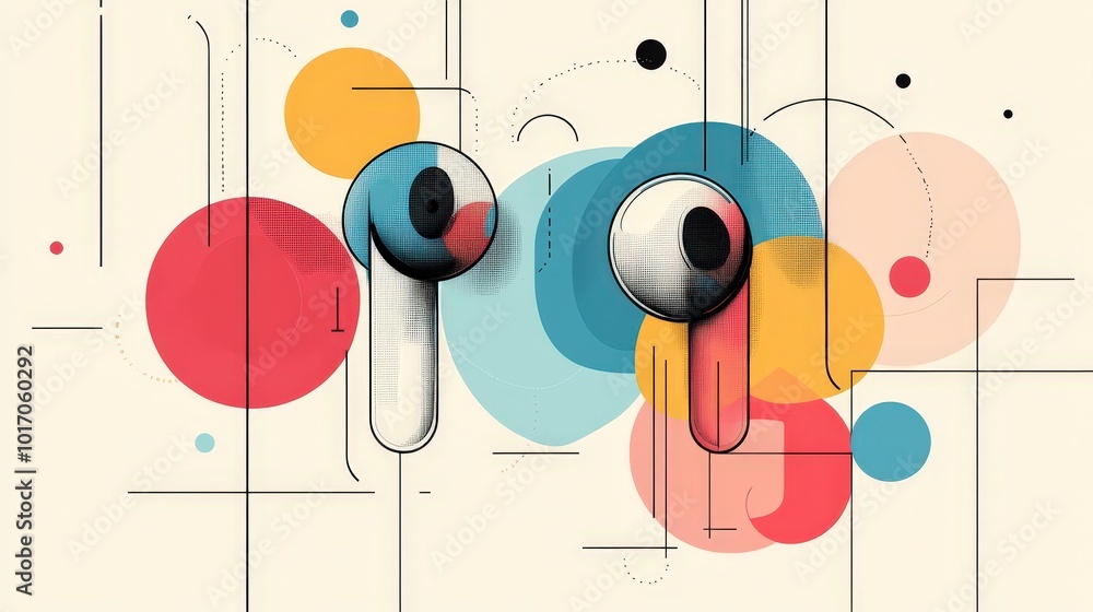 Poster retro style graphic poster of wireless earbuds in minimalistic design with playful color palette and