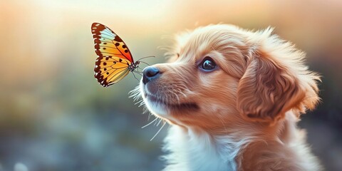 A brown and white puppy with large eyes gazing at a vibrant orange monarch butterfly in mid-air