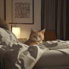 Cat wakes up human in bedroom (3D)