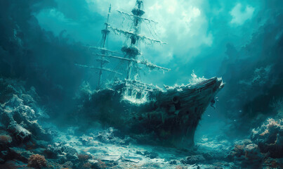Obraz premium Illustration, a sunken sailing ship on the seabed.