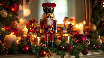 A classic red nutcracker stands amid lit candles, Christmas ornaments, and wrapped gifts, creating a cozy holiday atmosphere.
