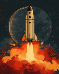 Obraz premium A rocket launches into the vibrant sky, surrounded by billowing clouds and a backdrop of distant stars.