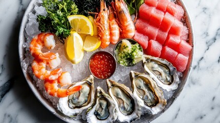 Gourmet Seafood Platter with Oysters, Shrimp, and Sashimi Garnished with Lemons and Seaweed