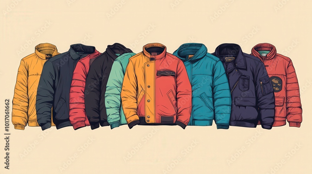 Poster retro minimalistic graphic poster of playful jackets with fun color palette and black outlines on si