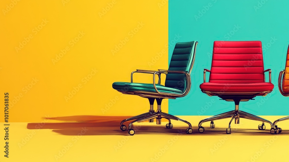 Poster retro style graphic poster of office chairs in minimalistic design with playful colors and simple co