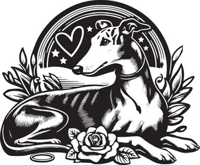 Greyhound in frame black and white illustration