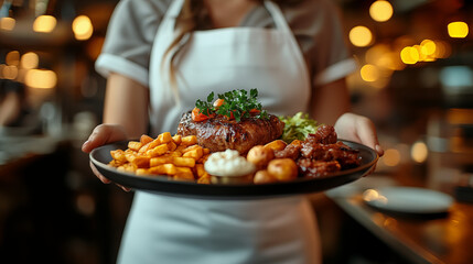 Chef holding plate of steak, fries and sides in restaurant kitchen