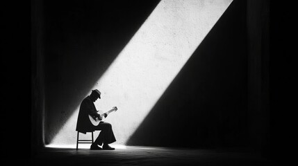 Atmospheric Noir Portrait of Street Musician Playing Haunting Melody under Single Spotlight, Creating Cinematic Shadows