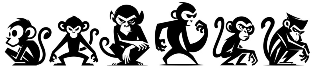 geometric style angry monkey characters black vector illustrations