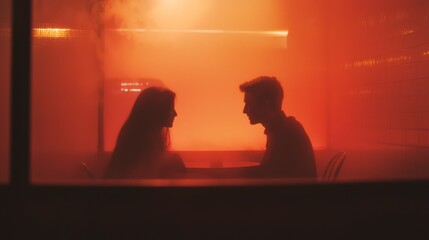 Whispered Secrets: Cinematic Noir Shot of Romantic Couple in Dimly Lit CafÃ©