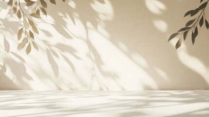 Beige and white studio backdrop with leaf shadows from a window, perfect for showcasing products and adding text.