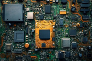 Close-up of a circuit board with various components and connectors, showcasing the intricate design of electronic technology.
