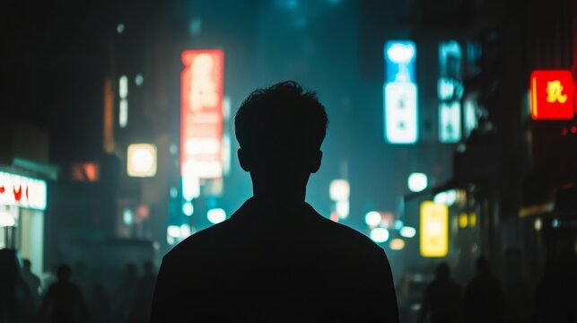 Shadows of the City: Aesthetic Noir Photograph of a Mysterious Figure in Dark Alley of Vibrant Urban Street - Cinematic Contrast of Lights and Shadows