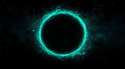 Obraz premium A glowing turquoise ring of energy surrounds a black space, with a subtle sparkle of stardust scattered throughout.