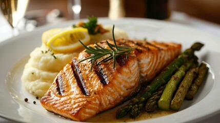 Gourmet Grilled Salmon with Truffle Mashed Potatoes and Asparagus for Elegant Dining
