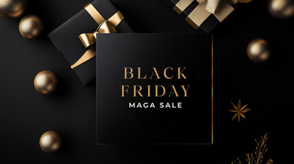 Black Friday sale banner with luxury black gift box and golden ribbon, holiday shopping event, elegant design, premium retail promotion, stylish festive advertisement for discounts, minimalist concept