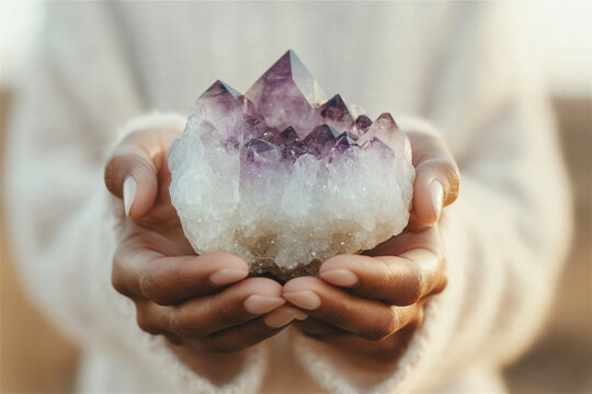 Serene woman cradles a stunning purple and white amethyst crystal, radiating positive energy and harmony, symbolizing spirituality and self-care