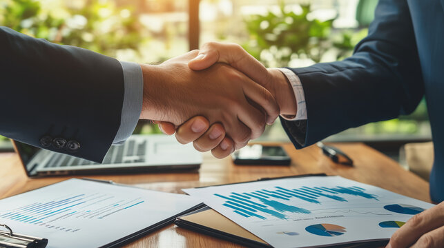 Dwaj biznesmeni uścisnęli sobie dłonie, wyrażając sukces w negocjacjach dotyczących fuzji i przejęcia.