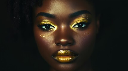 Stunning close-up portrait of a woman with radiant dark skin, showcasing bold golden makeup on eyes and lips, set against a dark background, emphasizing her striking features.