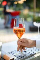 Bartender waiter holds a glass of sparkling wine in his hands