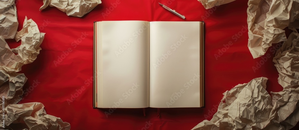 Poster photo of an open book with blank pages crumpled paper and pen on a red background mockup for your de