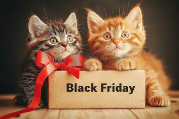 Two fluffy cats in box with Black Friday sale sign, cute kittens and festive red ribbon, holiday shopping promotion concept, adorable pets, retail event, cozy and charming seasonal advertisement