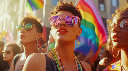 Podczas parady, tłum ludzi trzyma tęczowe flagi i różnorodne banery, wyrażając wsparcie dla społeczności LGBTQ+.