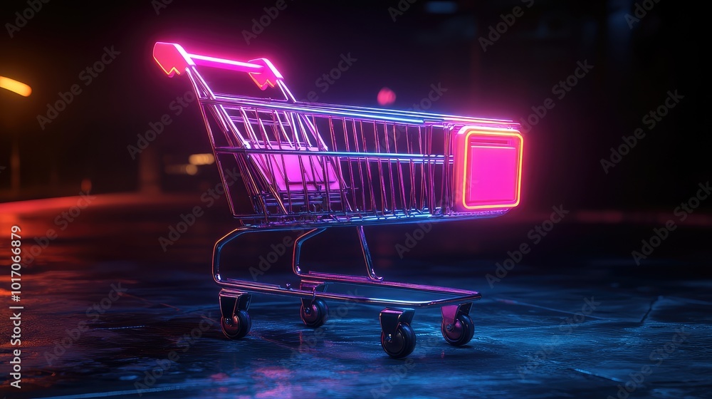 Poster futuristic 3d render of an empty shopping cart illuminated with neon light – cyberpunk style on dark