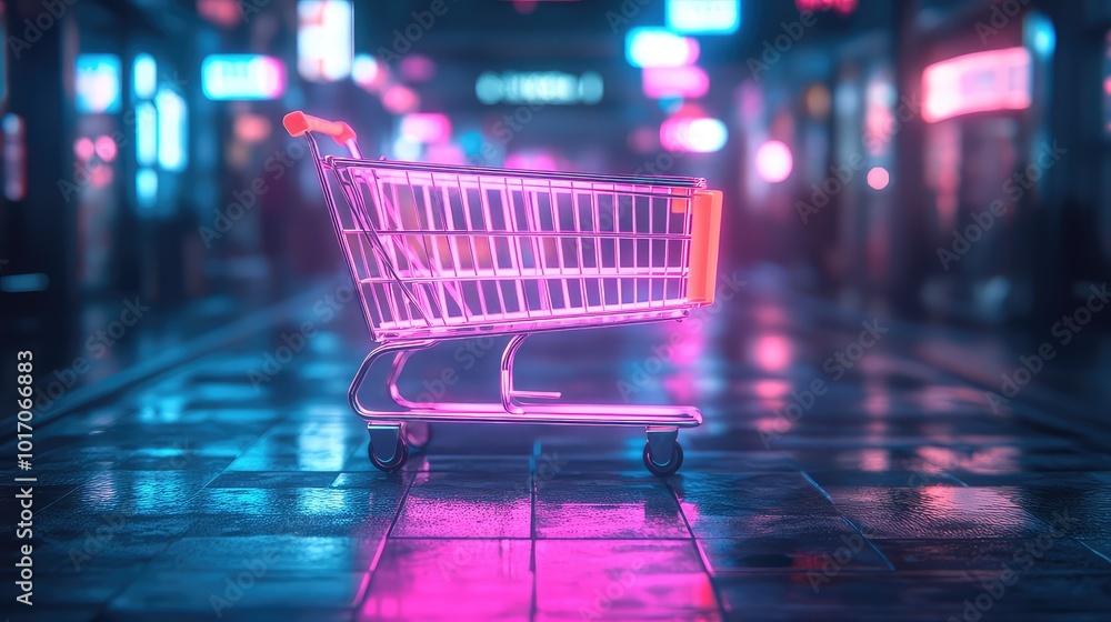 Poster futuristic 3d render of an empty shopping cart illuminated with neon light – cyberpunk style on dark