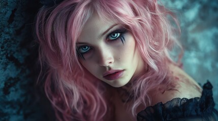Fototapeta premium Elegant and Eerie Portrait of a Woman with Pink Hair, Porcelain Skin, and Dark Makeup, Dressed as Alice in Creampunk-Style Fashion Against a Surreal Background