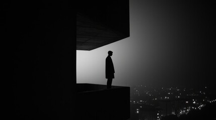 Enigmatic Urban Encounter - Aesthetic Noir Photograph of Shadowy Figure on Balcony Overlooking Bustling City Lights, Cinematic Mystery