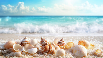 Delikatne muszle rozsypane na brzegu morza tworzą malowniczy widok. Leżą na złocistym piasku, otoczone delikatnymi falami oceanu.