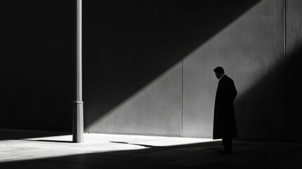 Mysterious Noir Scene with Shadowy Figure Leaning Against Lamppost