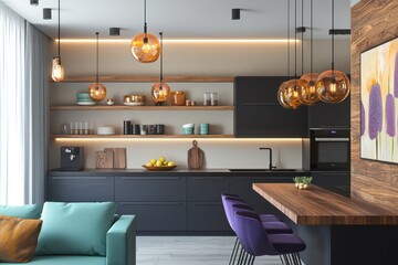 Trendy minimalist space with charcoal kitchen cabinets, wooden art shelves, vanilla walls, amber pendant lights, teal sofa, and lavender dining chairs