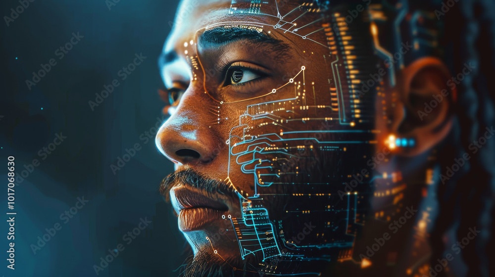 Poster android robot with a mask. cyber human with neon glowing digital technology circuit board on head. f