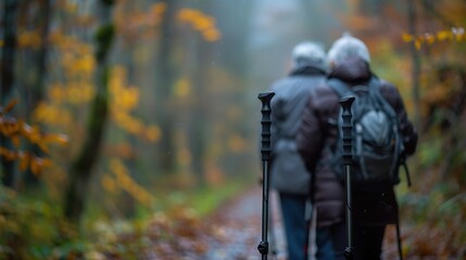 Fototapeta premium Elderly couple hiking through misty autumn forest with walking poles. Adventure, nature, and active lifestyle for seniors.