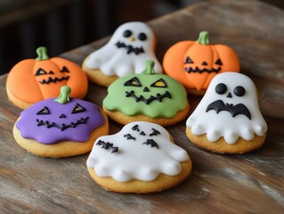 Colorful Halloween cookies on a wooden surface